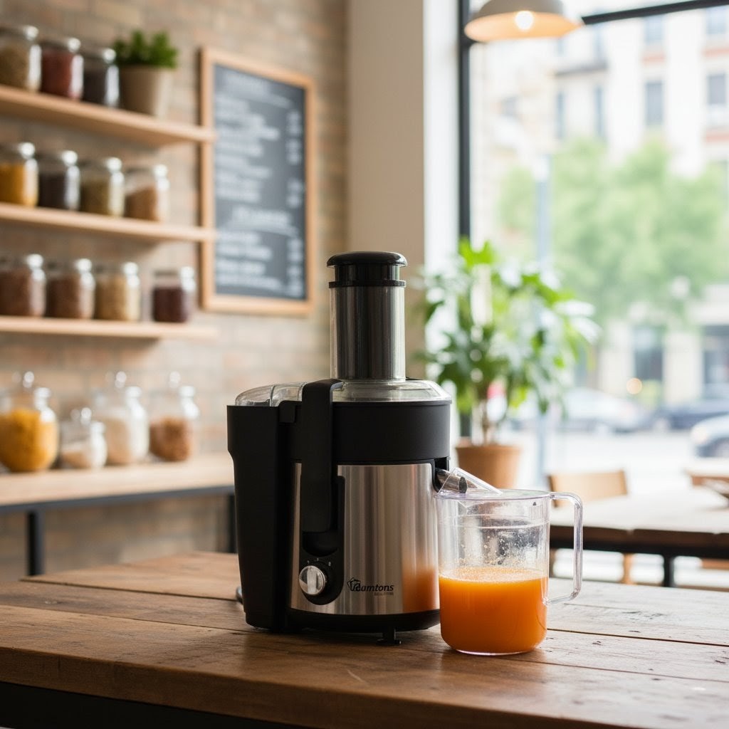 black and silver 2-speed juice extractor with stainless steel filter and 1.0l juice cup