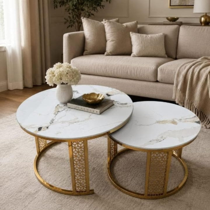 Nesting Coffee Table Set of 2 – White Faux Marble Tops with Gold Lattice Metal Bases