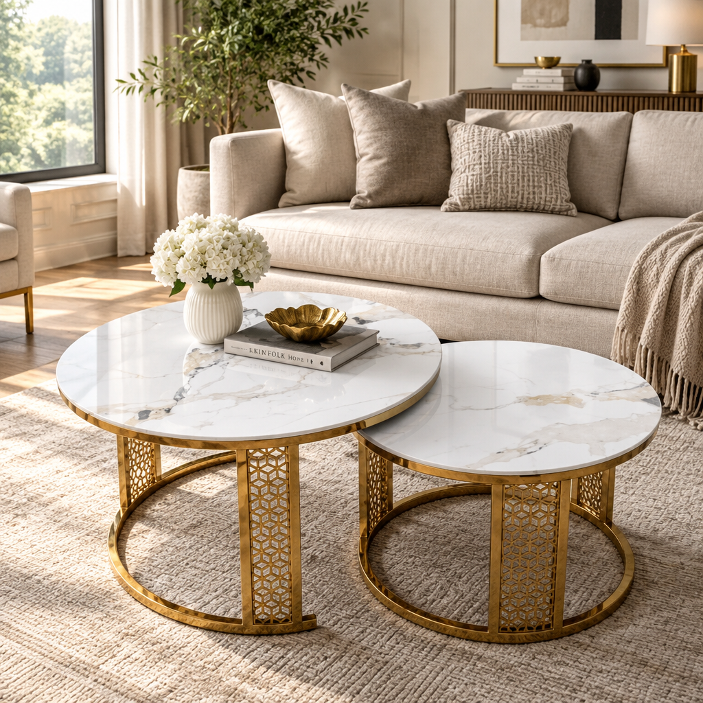 Nesting Coffee Table Set of 2 – White Faux Marble Tops with Gold Lattice Metal Bases