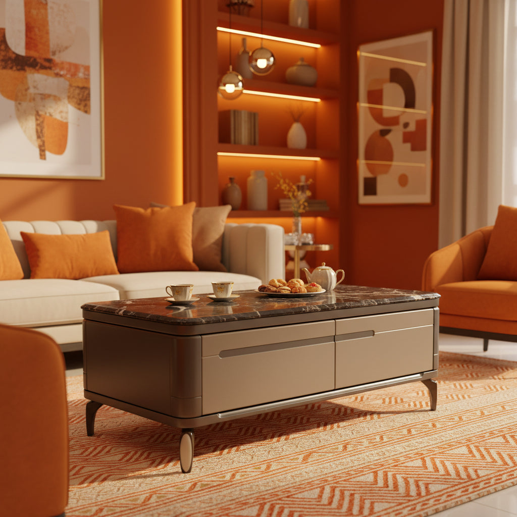 Dark polished marble coffee table with champagne gold or beige storage drawers and tapered metallic legs FCT1279