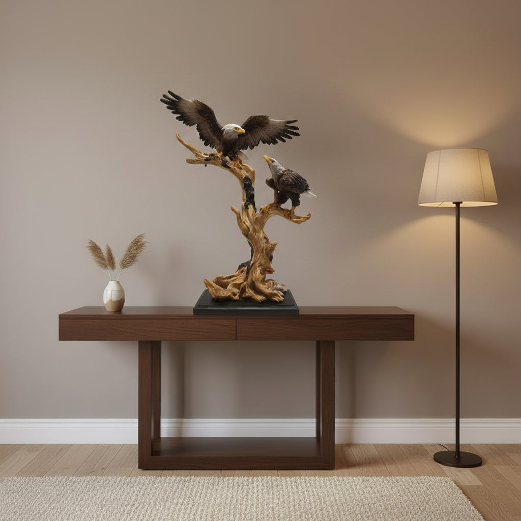 Gemelli Collections resin eagle statue featuring two bald eagles perched on a driftwood-style branch with one eagle in flight on a black display base