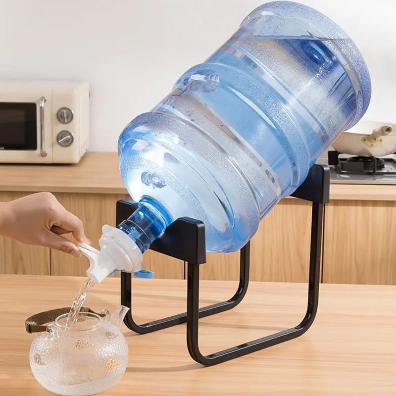 Water bottle storage rack for organising large drinking water bottles in homes offices and kitchens. Faucet not included