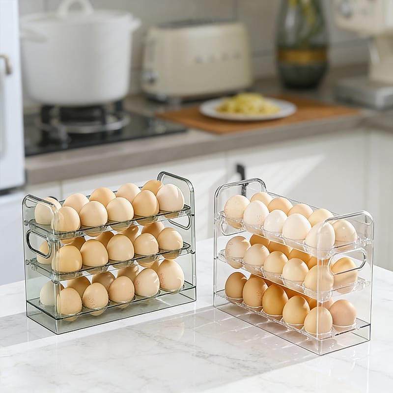 30 Grid Egg Storage Box – Acrylic Transparent Egg Tray Organizer with Handle in Green and Clear for Refrigerator and Kitchen Storage