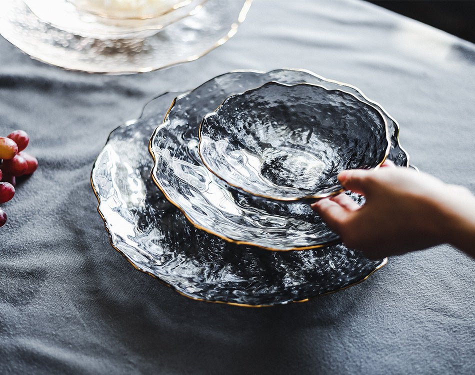 3 piece irregular gold glass serving set featuring transparent glass plates and bowls with elegant gold accents for serving