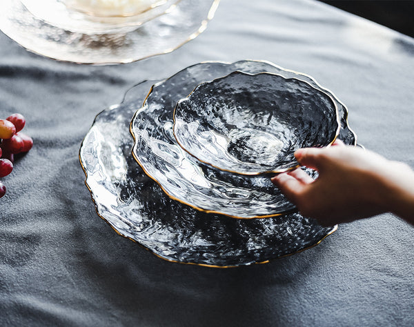 3 piece irregular gold glass serving set featuring transparent glass plates and bowls with elegant gold accents for serving