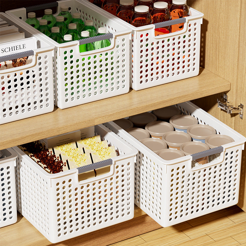 Large Capacity Plastic Storage Basket – Stackable Organizer with Handles for Toiletries Cosmetics Kitchen Items Toys and Laundry Storage