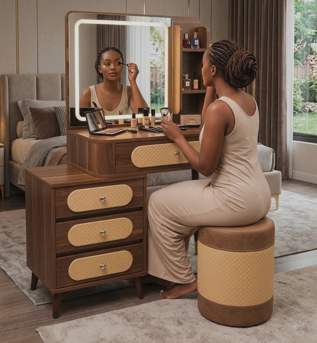 vanity dressing table set with integrated LED mirror, drawers, side shelving, woven accents, brass-tone legs, and matching padded round ottoman