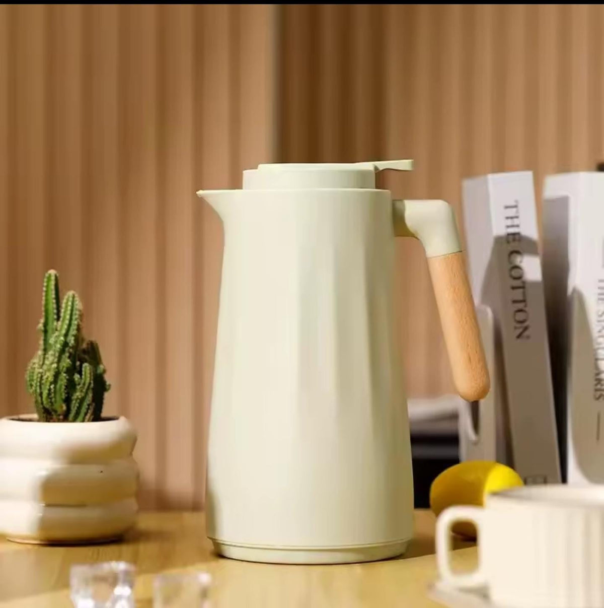 Nordic Style Double-Wall Insulated Vacuum Flask with Wooden Handle – 1 Litre