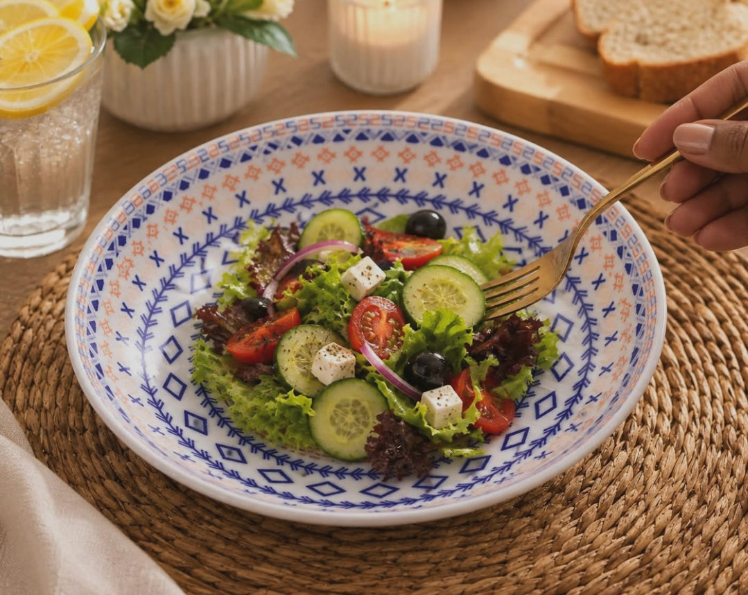 Gemelli Collections set of 6 7 inch multifunctional ceramic salad pasta side plates with deep design and printed finish.