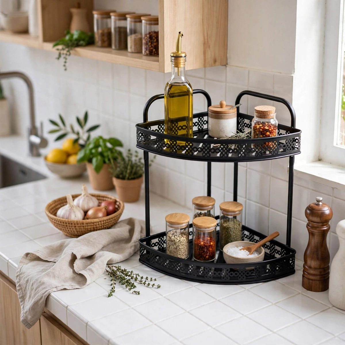 Gemelli Collections 2 tier corner storage rack with powder coated metal construction rust resistant waterproof design for bathroom kitchen bedroom and office organisation.