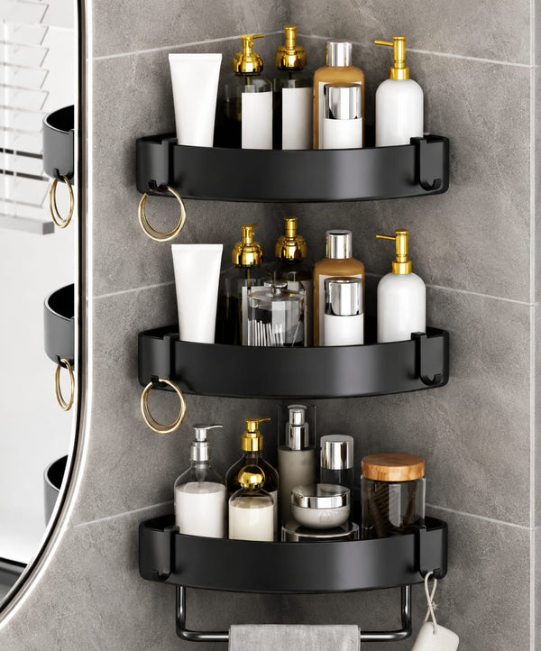 3-piece black wall mounted corner bathroom rack set with towel hook, adhesive stickers and screws for organised bathroom storage.