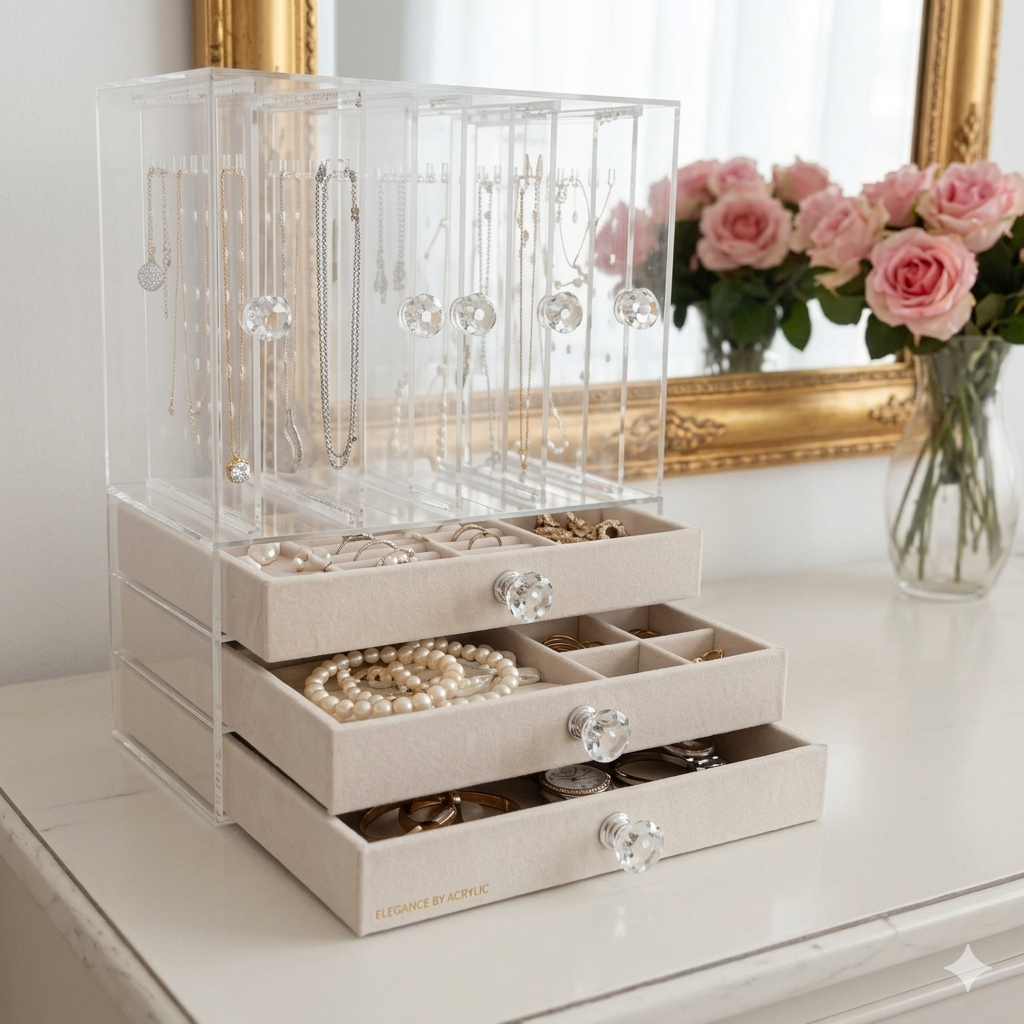 High-End Luxury Jewelry Storage Organizer – 3-Drawer Acrylic Box