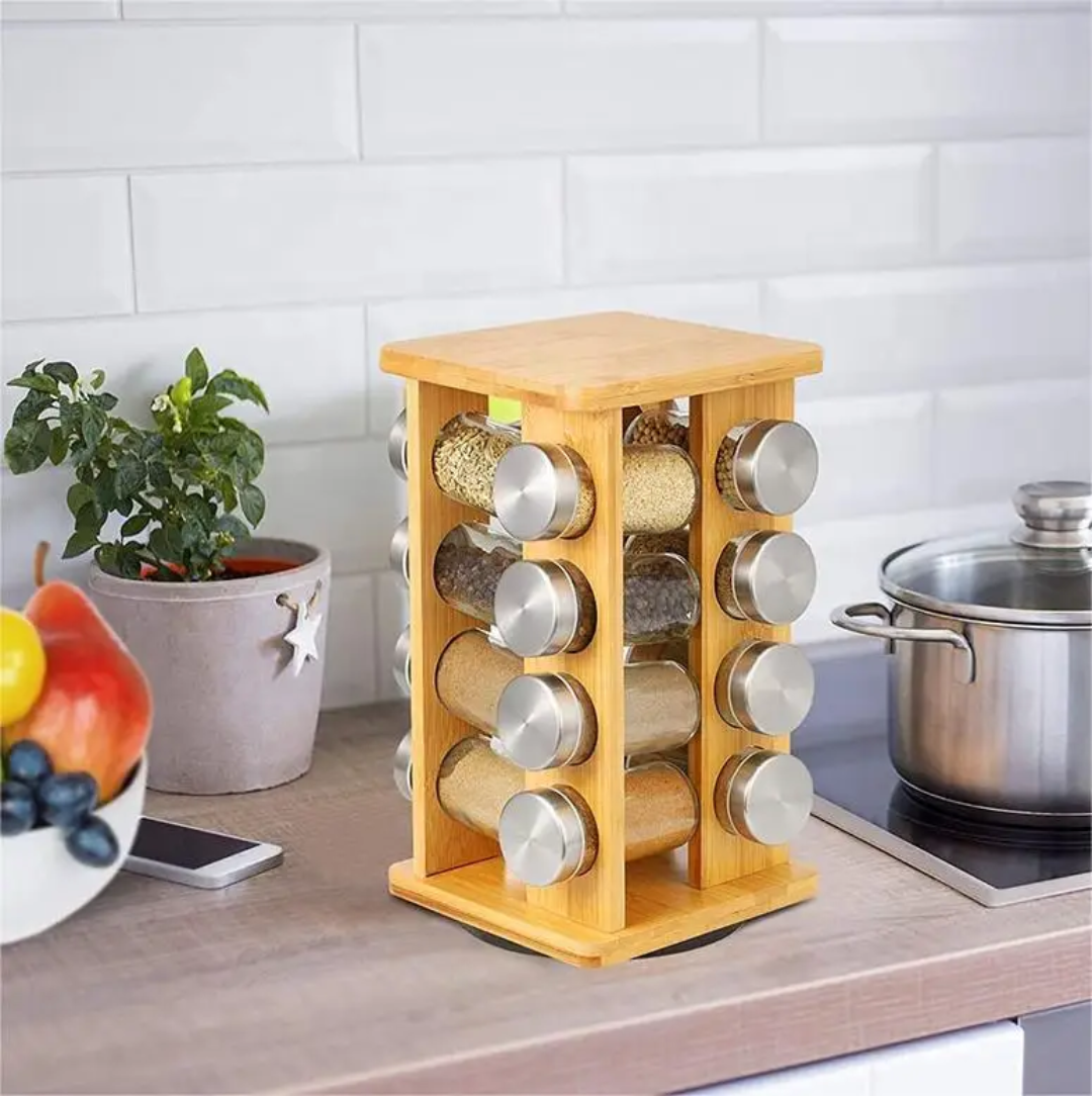 12 in 1 Wooden Spice Rack with Glass Spice Jars