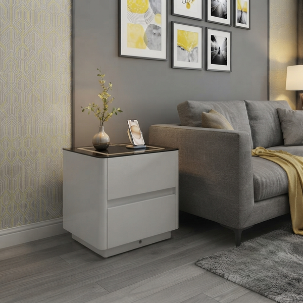 BS 10 white smart nightstand with two drawers and dark utility top with integrated technology features