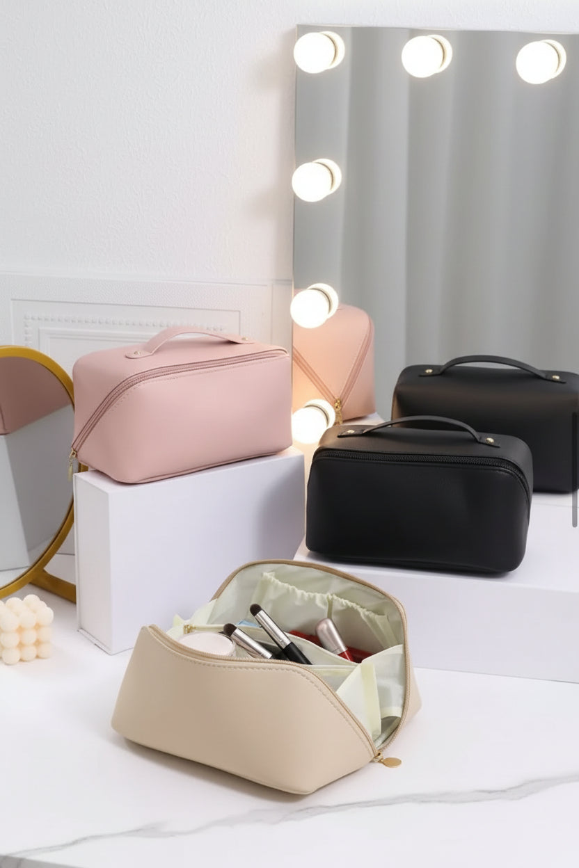 Large capacity cosmetic bag makeup organizer available in black, pink and cream