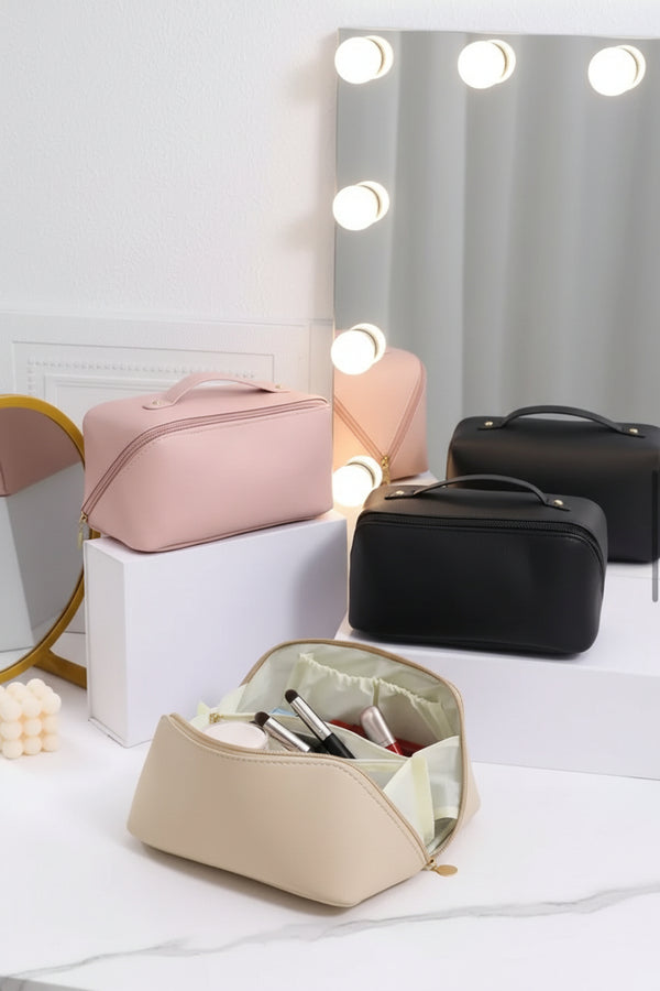 Large capacity cosmetic bag makeup organizer available in black, pink and cream