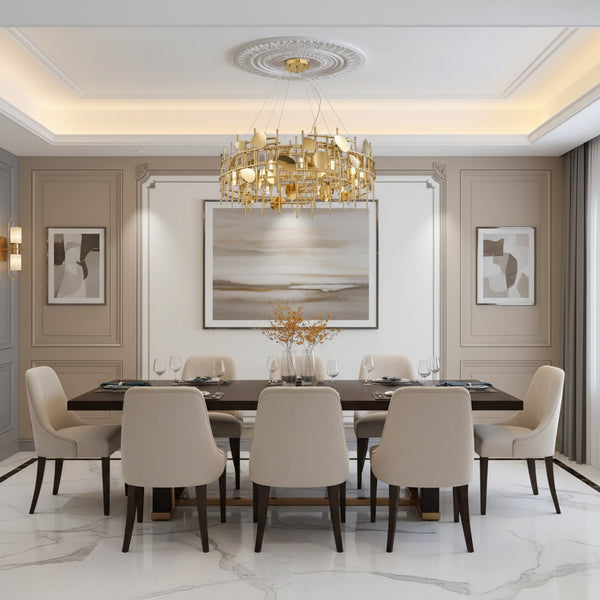 ound brass grid chandelier with layered lily pad discs and hidden G9 lights creating a floating sculptural halo effect.