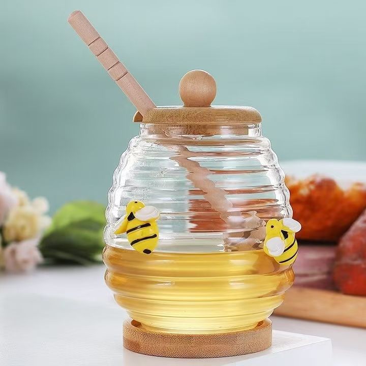 honey canister with bamboo lid and stirring rod 420ml high borosilicate glass honey container clear glass honey jar with dipper stick