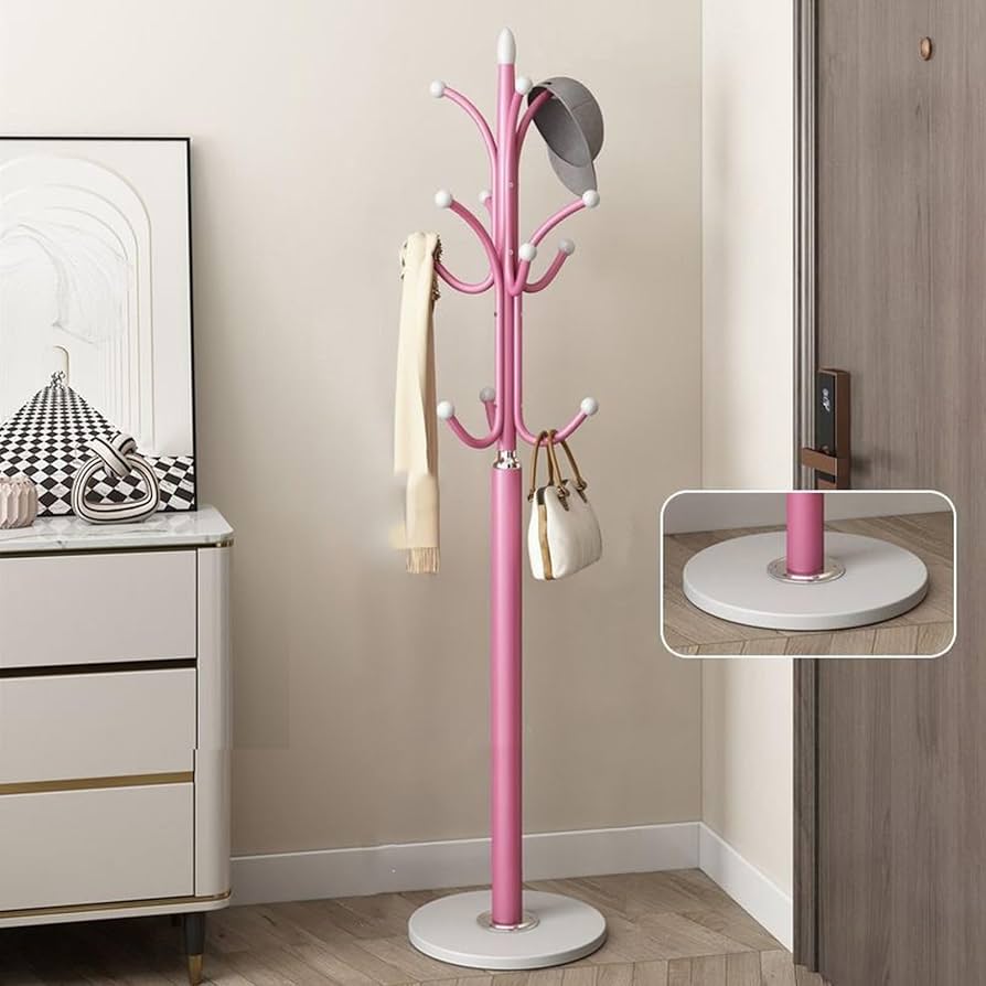 pink coat stand with durable metal frame and marble base for organising coats handbags hats and accessories in bedrooms hallways and offices.