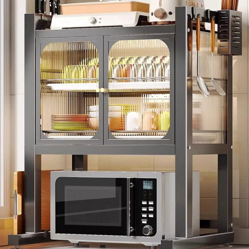Kitchen storage rack with microwave stand metal organiser shelf for plates cups kitchen appliances and countertop organisation 57x37x76cm.