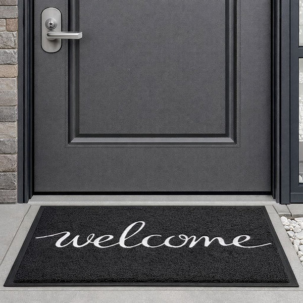 90cm by 70cm welcome door mat with non-slip base designed for indoor and outdoor entrance use