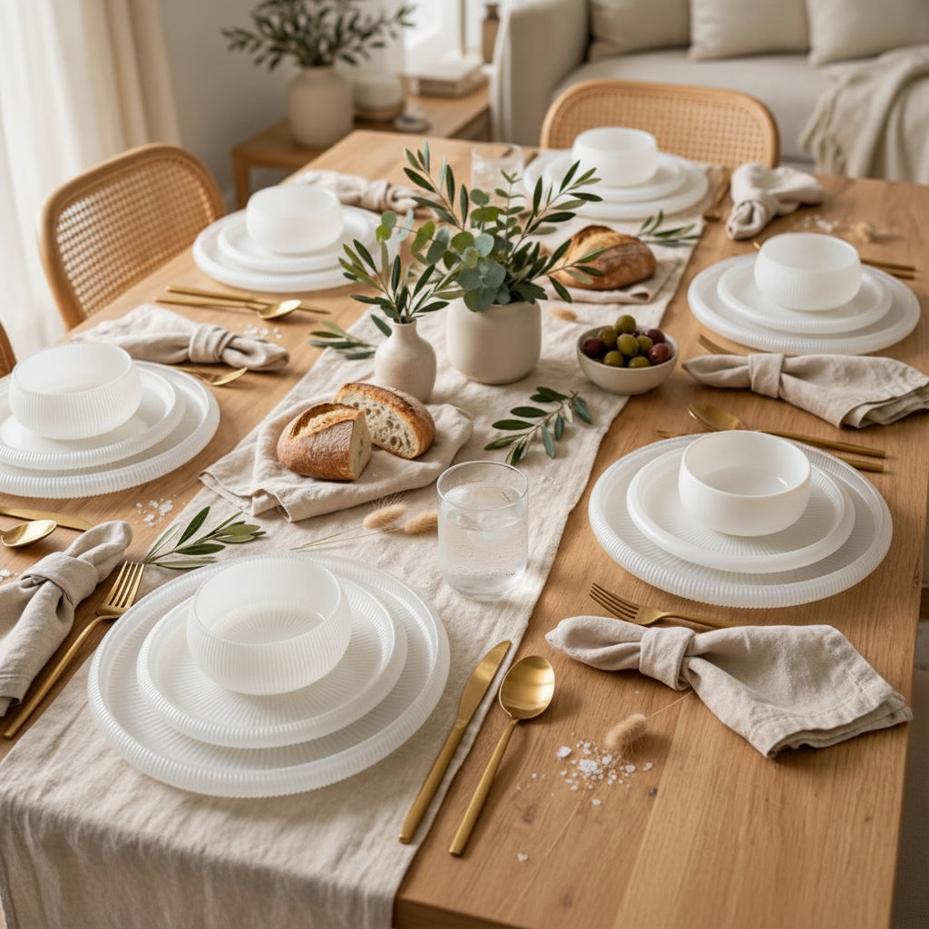 24-piece ribbed frosted glass dinner set with sunburst detailing, including dinner plates, side plates, deep plates and cereal bowls