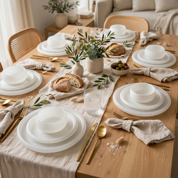 24-piece ribbed frosted glass dinner set with sunburst detailing, including dinner plates, side plates, deep plates and cereal bowls