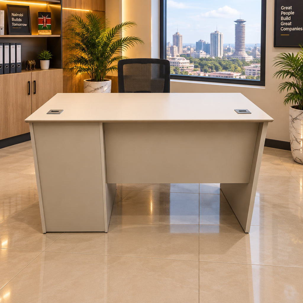 Light Beige Wood Finish Office Desk with Lockable Drawer and Cabinet