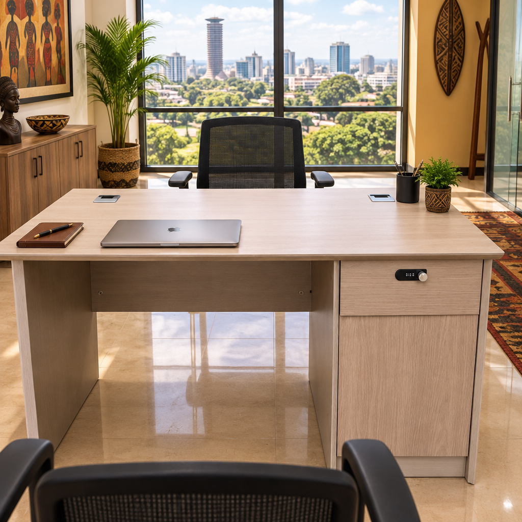 Light Beige Wood Finish Office Desk with Lockable Drawer and Cabinet