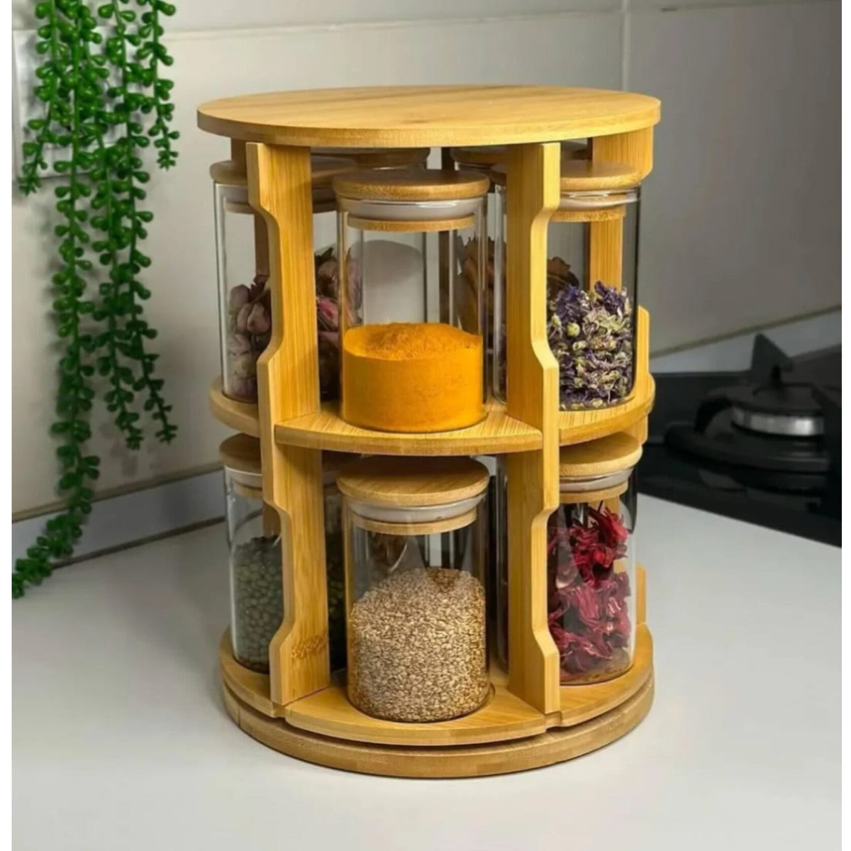 8 piece rotating bamboo spice rack set with 360 degree tabletop organiser and eight 250ml spice bottles natural bamboo kitchen storage rack