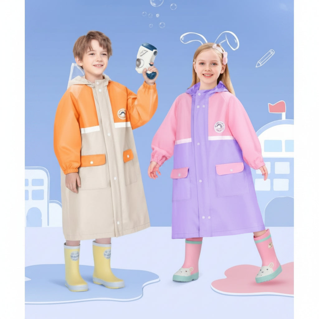 Children’s Raincoat with Wide Brim Hat – Waterproof Poncho for Kids Sizes M to 3XL for Rain Protection
