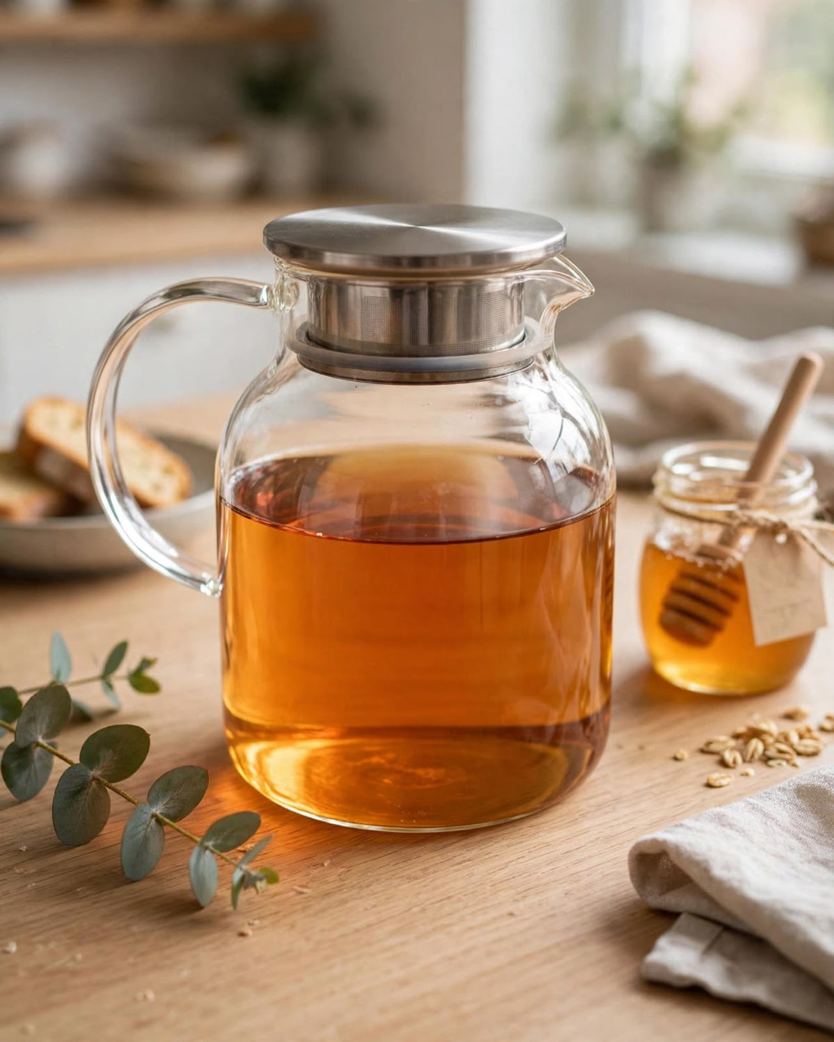 1.8L clear borosilicate glass teapot with stainless steel lid and infuser for brewing and serving tea, blooming tea and dawa.