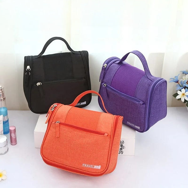Foldable Cosmetic Bag with Hook – Travel Toiletries Organizer in Purple, Orange, Navy Blue, and Black for Makeup and Personal Care Storage