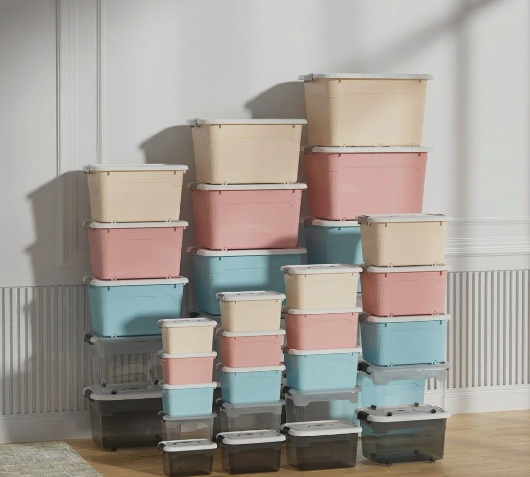 Gemelli Collections square plastic storage buckets in 6L, 12L, 20L, 30L, 55L, 80L and 110L sizes for home and office organisation.