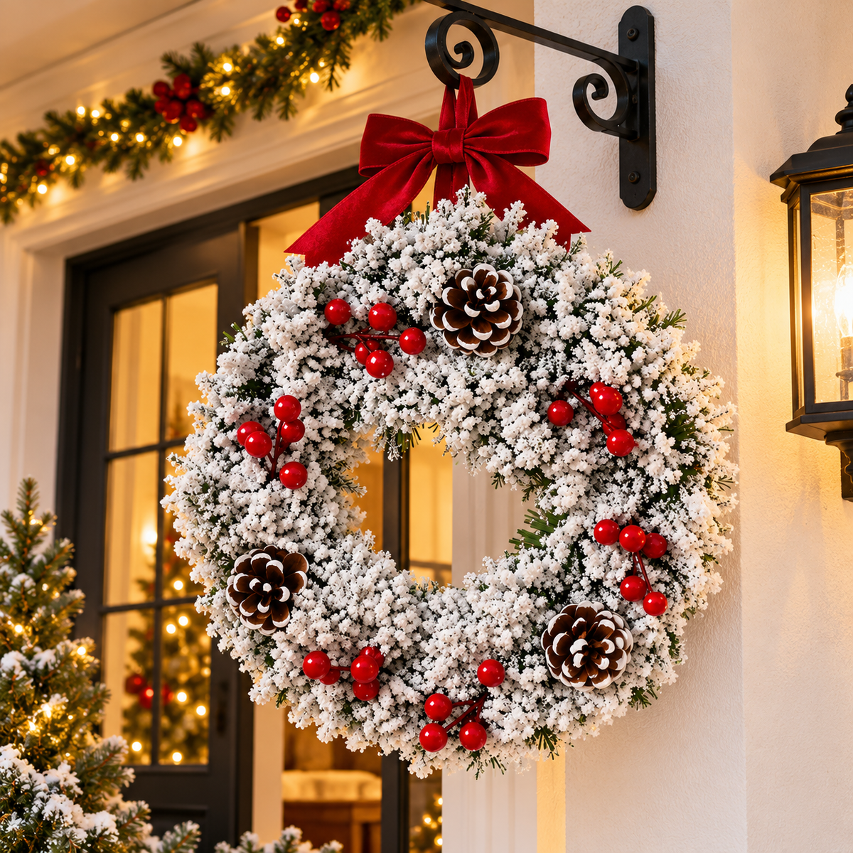 32cm Christmas Front Door Wreath with Snow, Pine Needles and Pine Cones