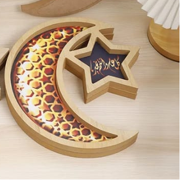 Ramadan Moon & Star Wooden Serving Tray Décor 30*28*15cm
