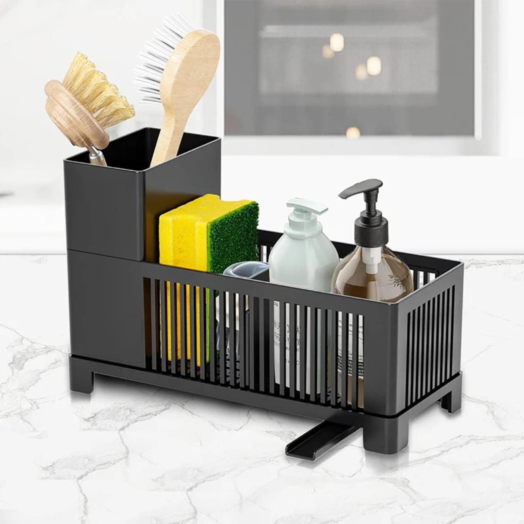 2 in 1 non rust sink caddy black PP kitchen sink organiser sponge holder dishwashing brush storage rack