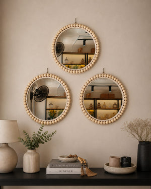 36cm boho beaded round mirror that can be used as wall décor or a decorative tray for displaying jewellery, perfumes, candles, and home accessories