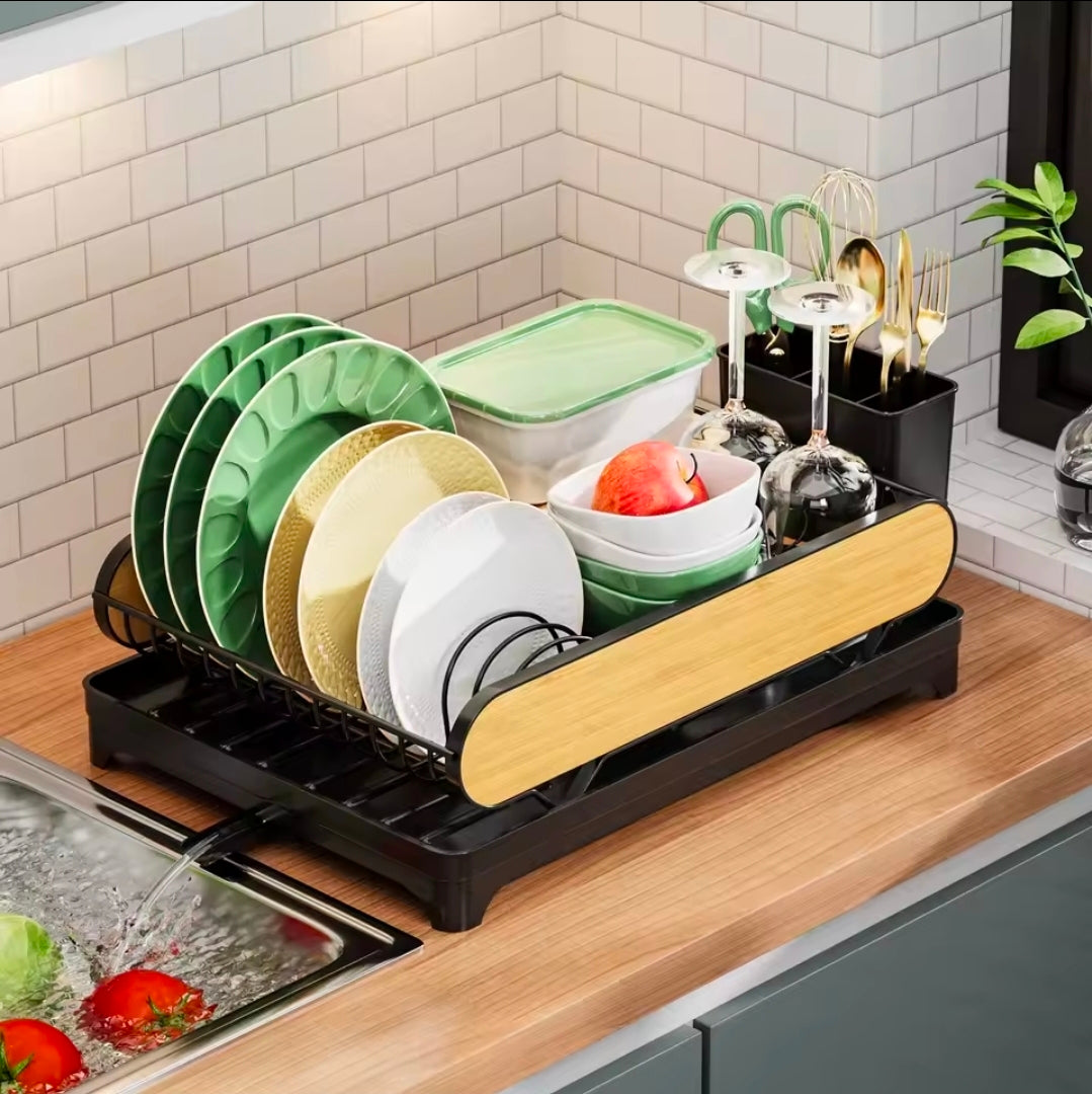 Black and Wood Grain Countertop Dish Drying Rack
