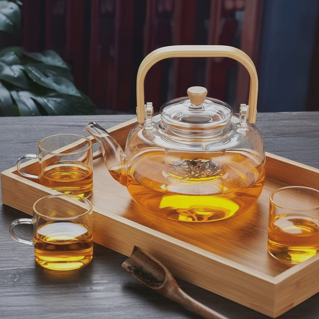 Glass Tea Set With 1400ml Heat Resistant Teapot 6 Cups And Bamboo Tray