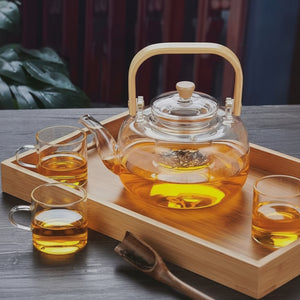 Glass Tea Set With 1400ml Heat Resistant Teapot 6 Cups And Bamboo Tray