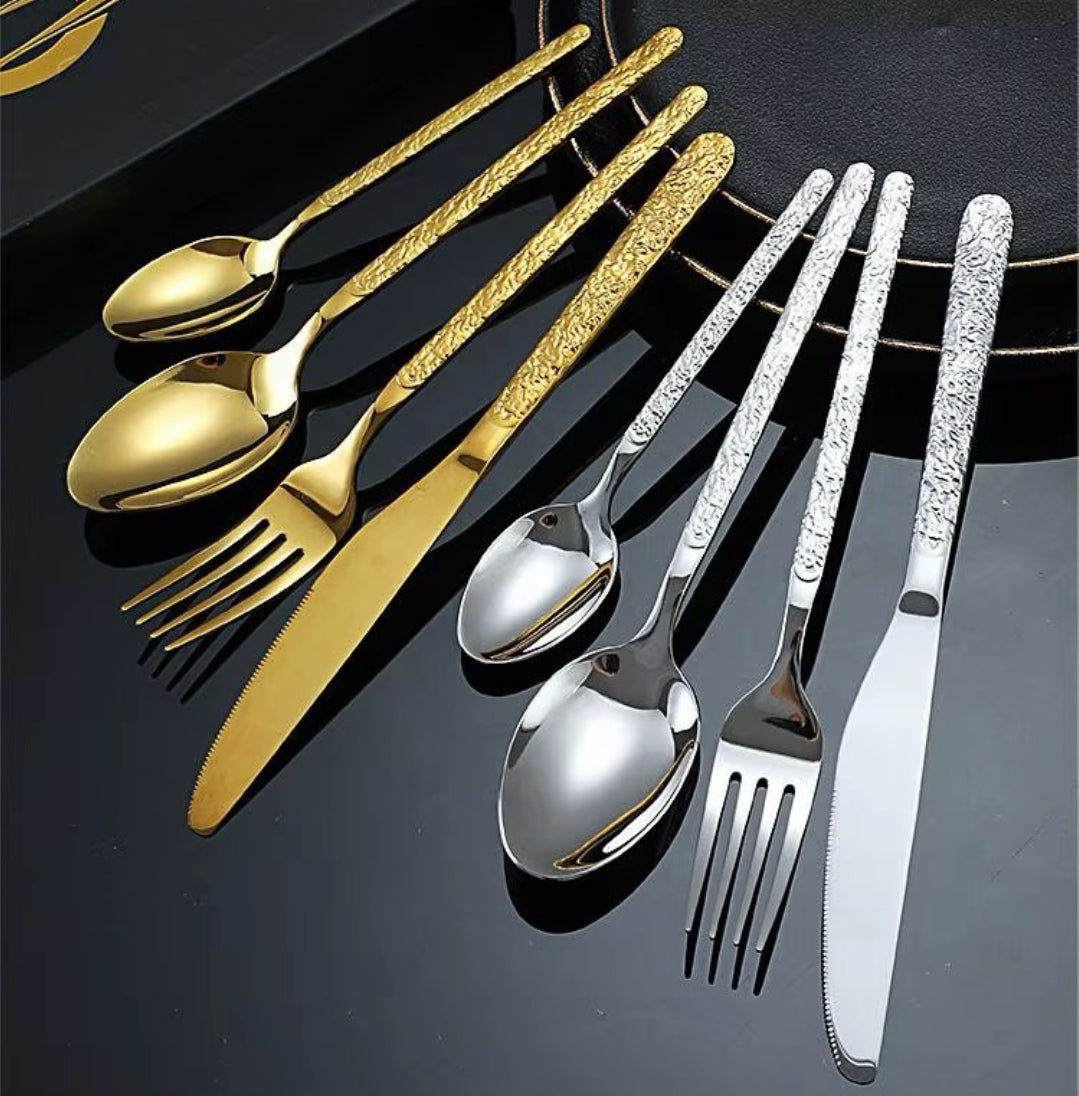 24-Piece Vintage Retro Stone Pattern Stainless Steel Cutlery Set