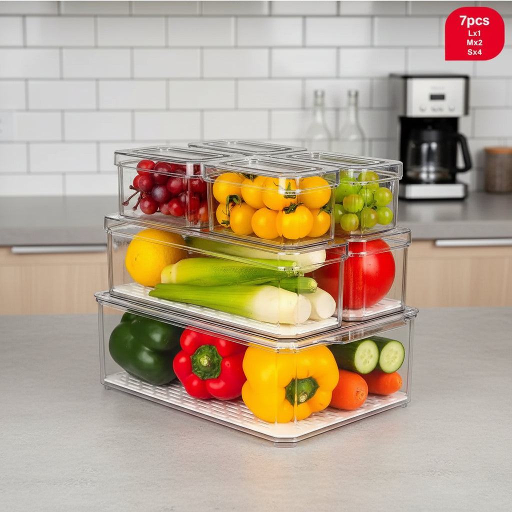 7pcs Stackable Acrylic Fridge Organizer Bins with Lids – Clear