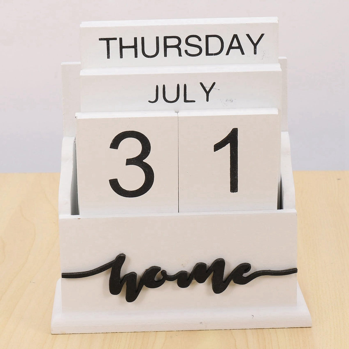 Wooden block calendar with reusable date display for desk shelf bedside table and office décor styling