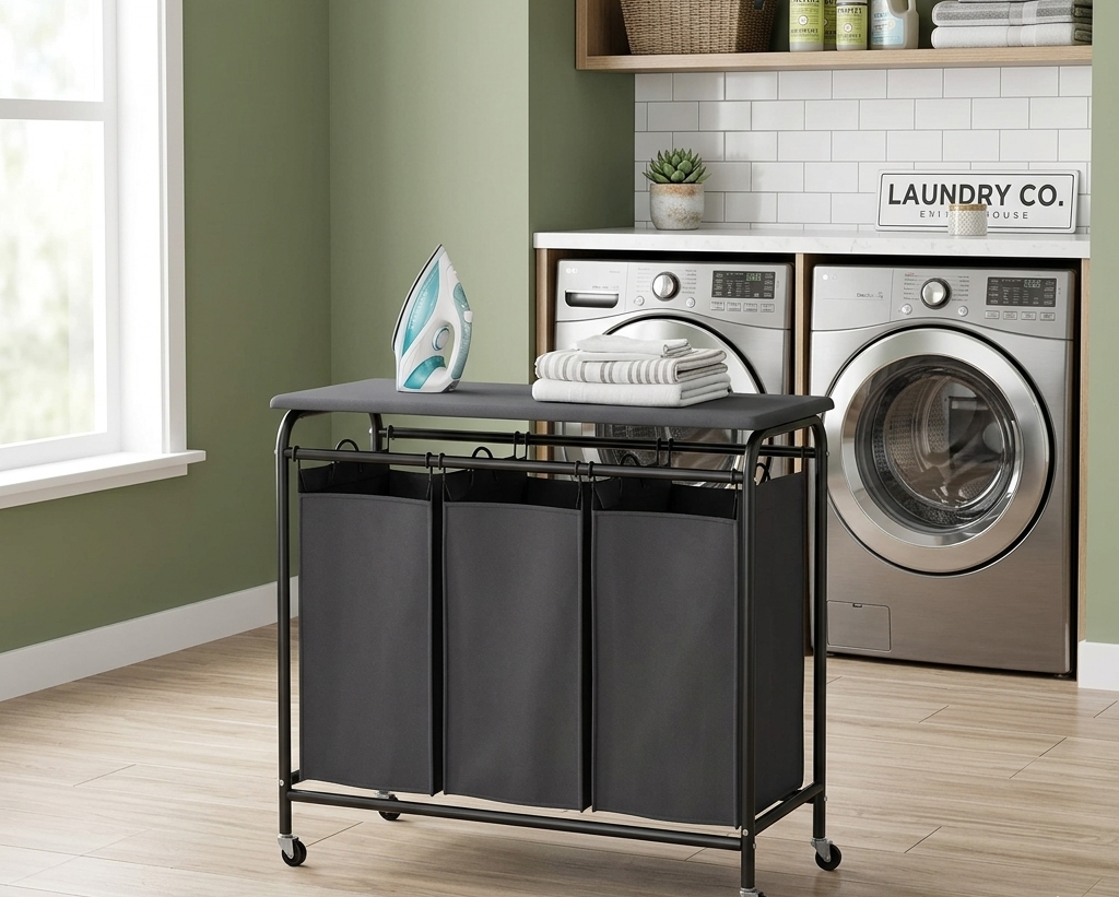Gemelli Colllection 3 compartment laundry basket with lockable wheels and ironing board multifunctional laundry organiser 80x79x42cm clothes sorter storage cart mobile laundry hamper home organisation unit built in ironing surface storage basket with wheels