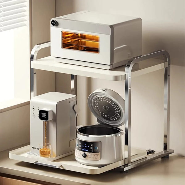 Pull-out 2-layer multifunctional kitchen rack for microwave and countertop storage