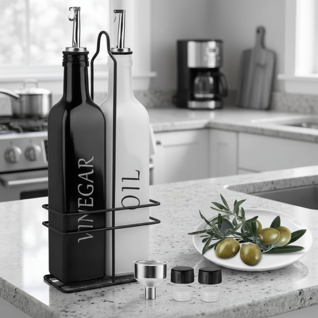 Gemelli Collections Oil and Vinegar Dispenser Set with matching refillable bottles for kitchen cooking, salad dressing, and table serving.