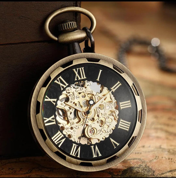 Antique Skeleton Mechanical Hand-Winding Pocket Watch Stainless Steel