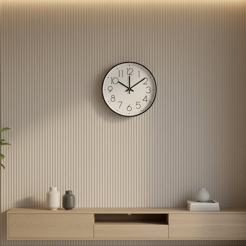 30cm quartz wall clock with gold ring available in black and white.