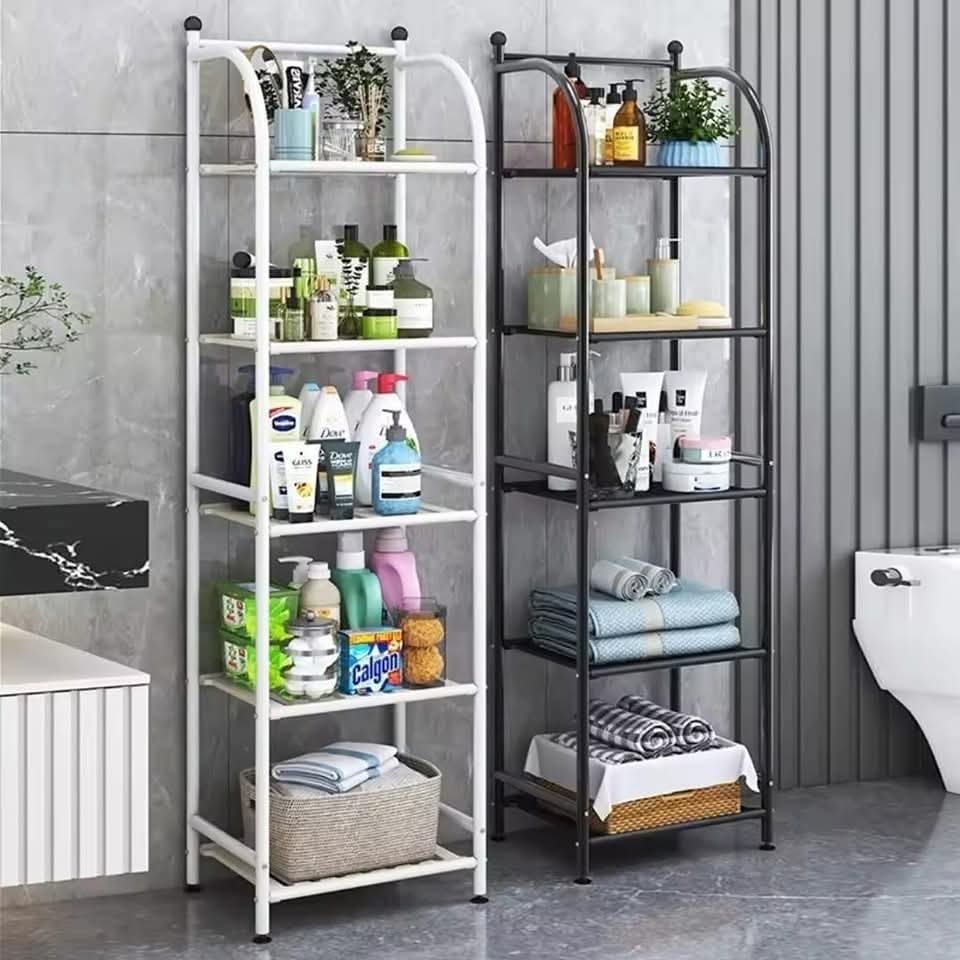 5-layer corner bathroom rack in black and white for organising toiletries skincare products towels and bathroom essentials while maximising corner space